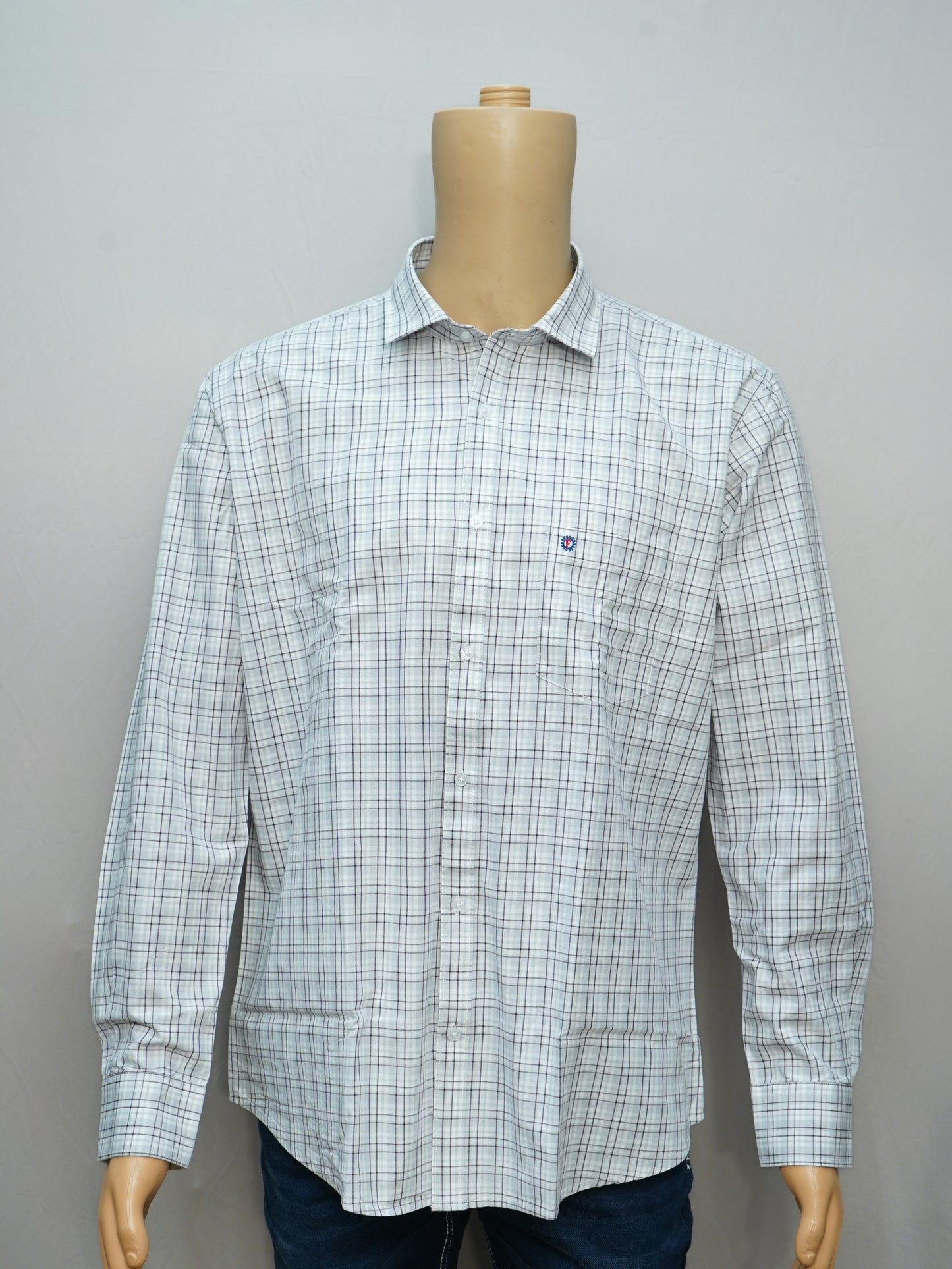 Full view of a classic slate grid men's shirt styled on a mannequin, showcasing its tailored fit and elegant check pattern.