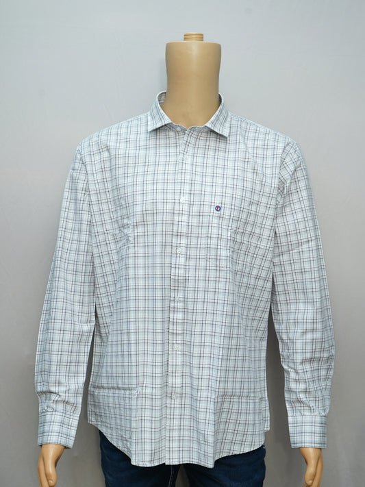 Full view of a classic slate grid men's shirt styled on a mannequin, showcasing its tailored fit and elegant check pattern.