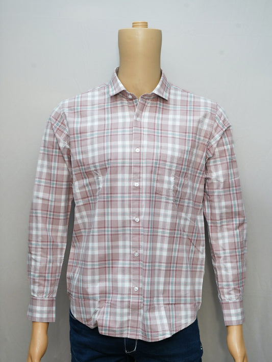 Full view of a blush pink check men's shirt styled on a mannequin, featuring a soft and elegant design.