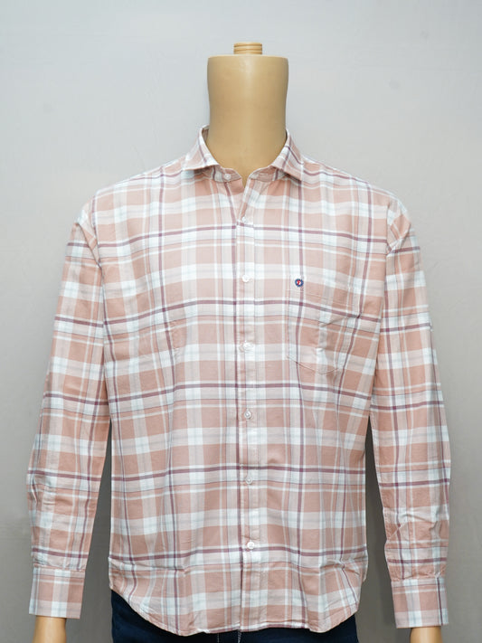 Full view of a peach beige check men's shirt styled on a mannequin, showcasing a classic and elegant design.