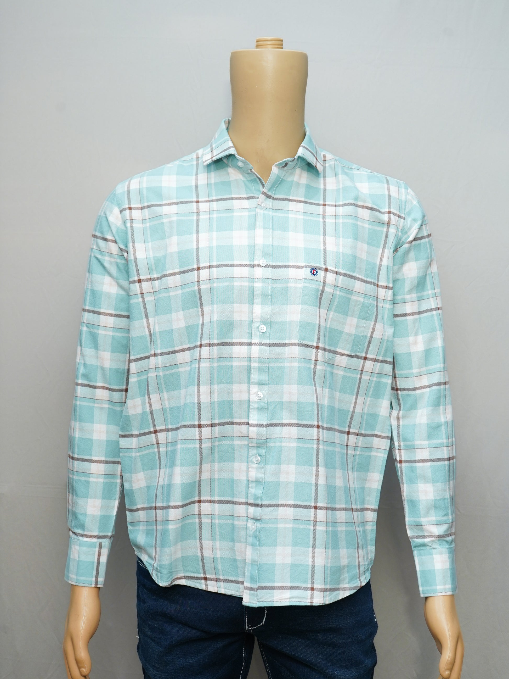 Full view of the Fresh Aqua Check Men's Shirt styled on a mannequin, featuring a crisp and vibrant design.