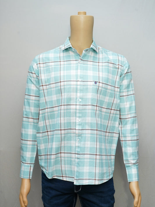 Full view of the Fresh Aqua Check Men's Shirt styled on a mannequin, featuring a crisp and vibrant design.