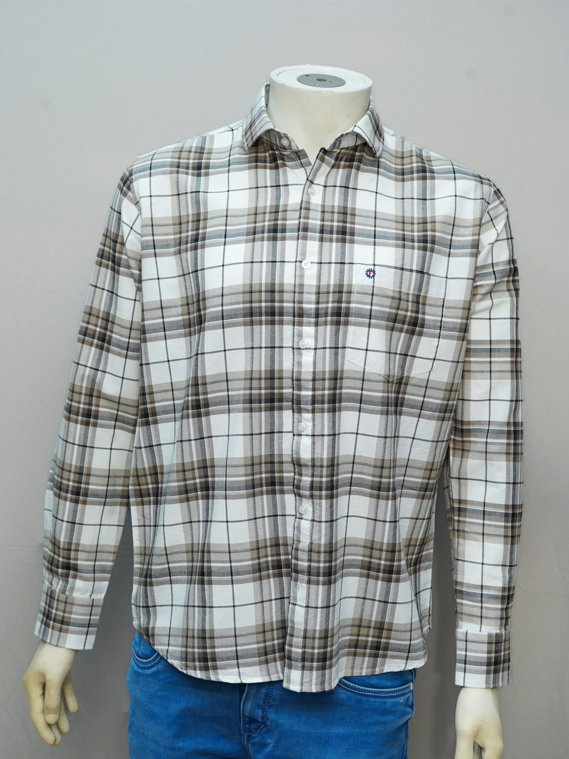 Full view of an ivory sand check men's shirt styled on a mannequin, showcasing a neutral-toned check pattern.