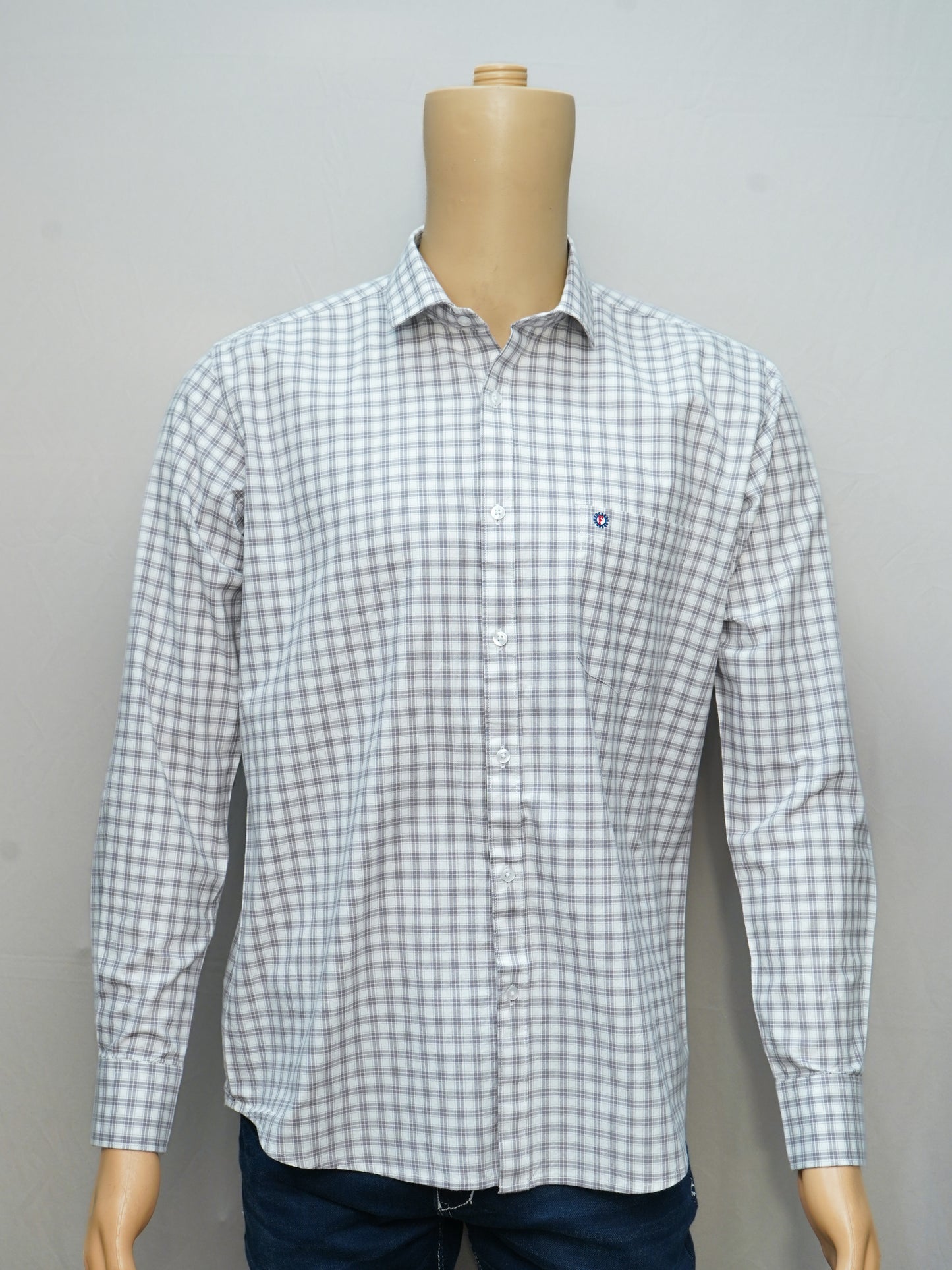 Full view of a grey-white grid check men's shirt styled on a mannequin, highlighting its clean and sophisticated design.