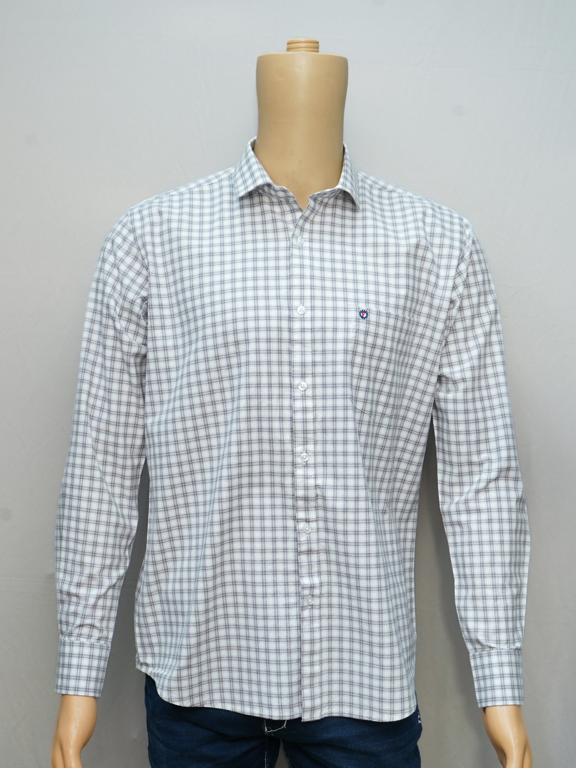 Full view of a grey-white grid check men's shirt styled on a mannequin, highlighting its clean and sophisticated design.