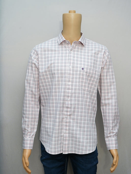 Full view of a pink-white grid check men's shirt styled on a mannequin, featuring its sleek and breathable fabric.