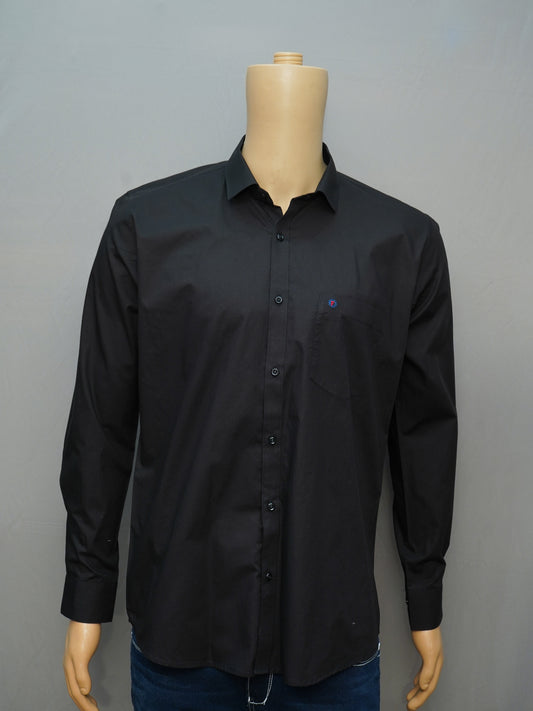 Full view of a jet black formal men's shirt styled on a mannequin, showcasing a sleek and elegant design.