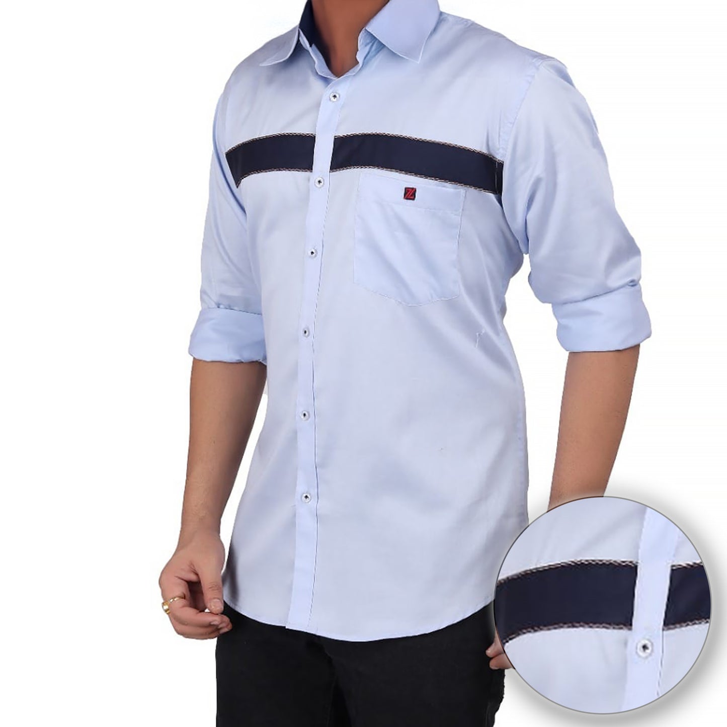 Light Blue Cotton Shirt with Navy Contrast Panel