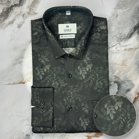 Dark Olive Green Floral Pattern Shirt for Men