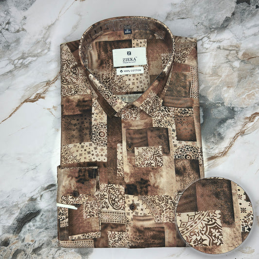 Classic Patchwork Printed Brown Shirt