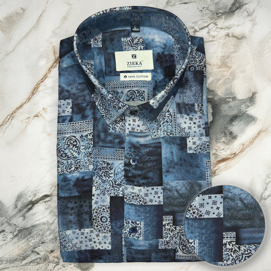 Blue Patchwork Printed Cotton Shirt