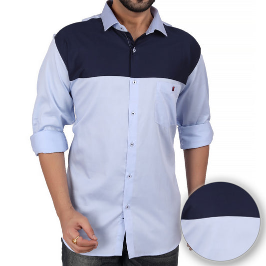 Men's Sky Blue and Navy Panel Cotton Shirt