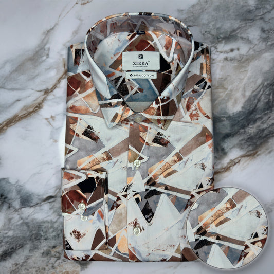 Men's Abstract Beige and Brown Printed Cotton Shirt