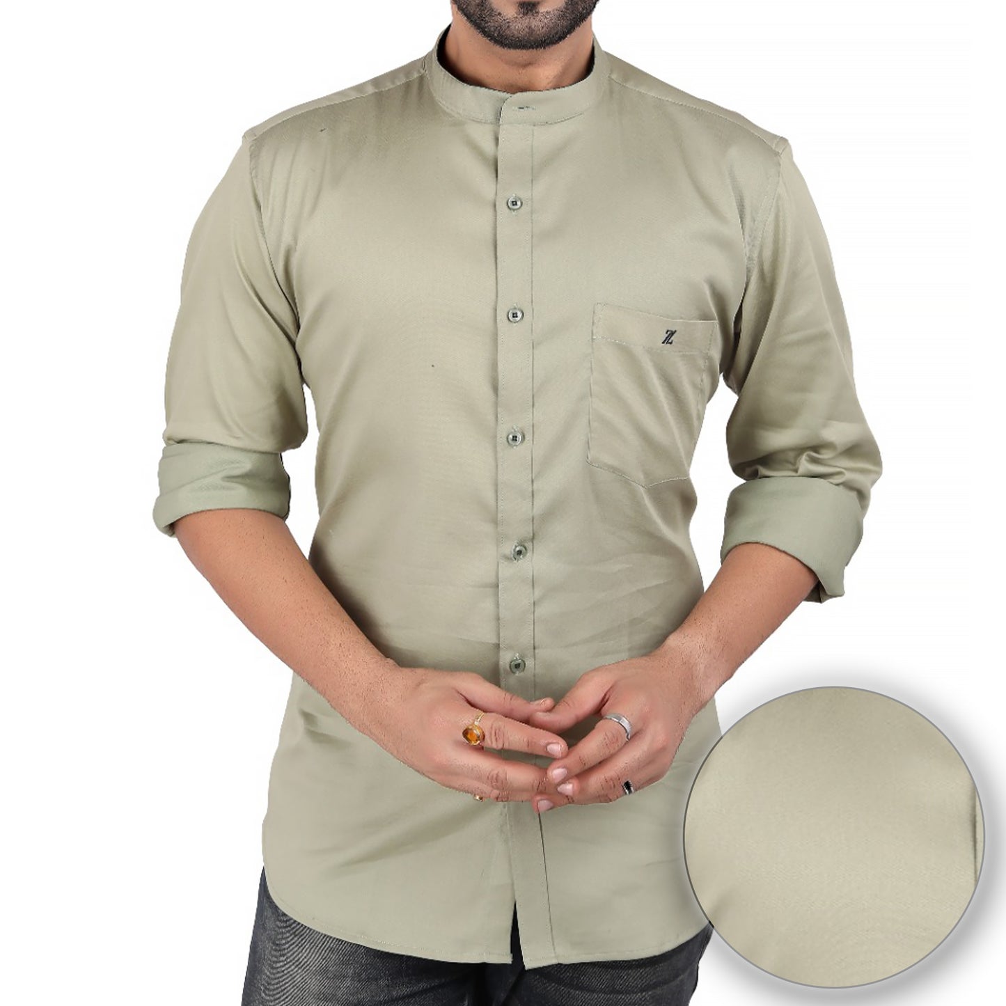 Men's Light Sage Green Mandarin Collar Shirt