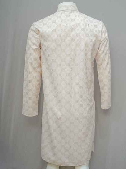 Men's Beige Floral Lattice Kurta