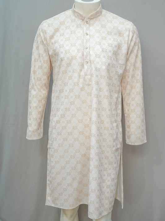 Men's Beige Floral Lattice Kurta