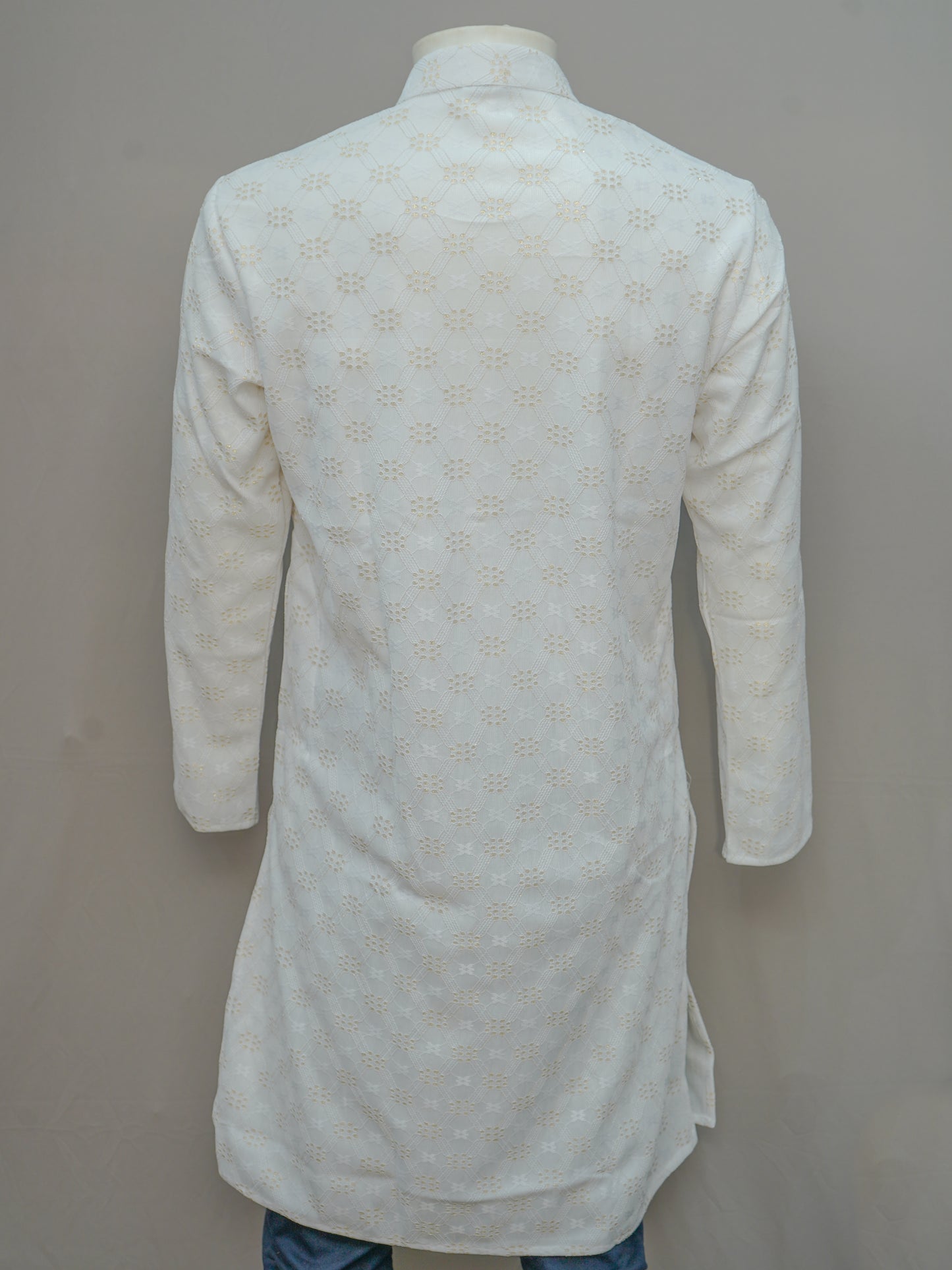 Men's Elegant White Floral Lattice Kurta