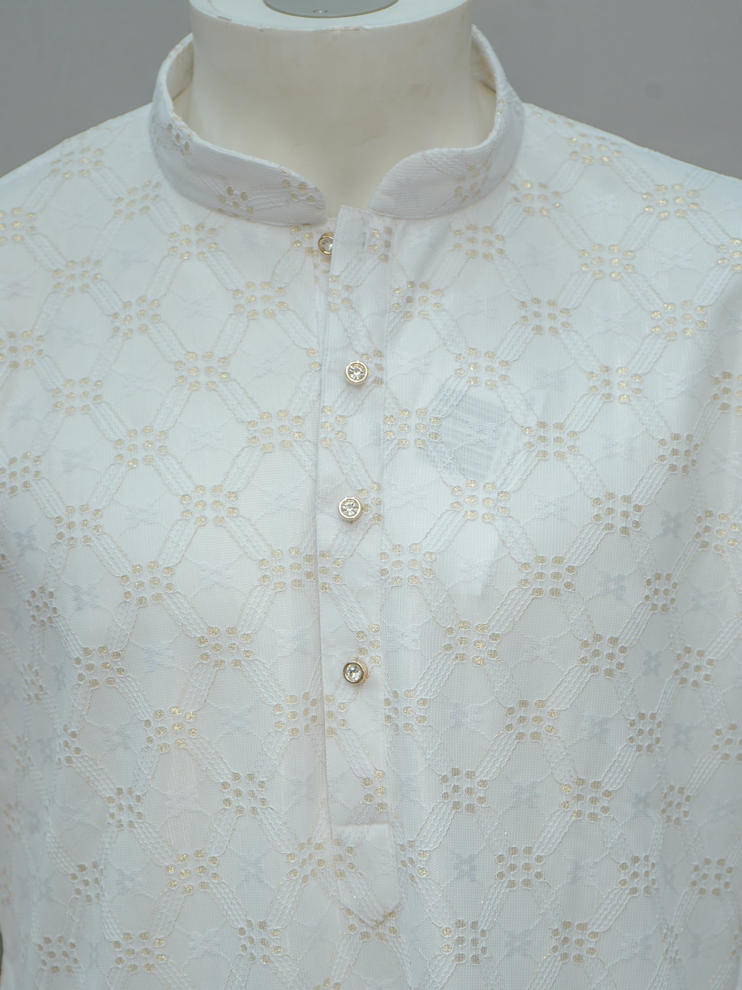 Men's Elegant White Floral Lattice Kurta