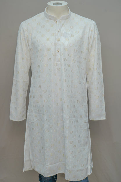 Men's Elegant White Floral Lattice Kurta