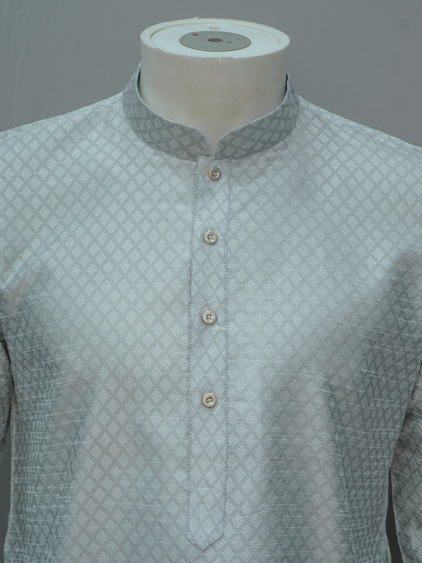 Men's Grey Diamond Weave Cotton Kurta - Everyday Ethnic Wear