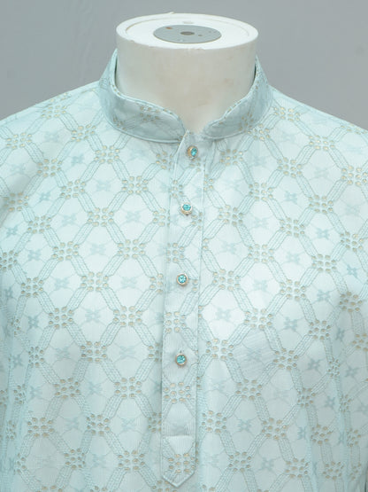 Men's Pista Green Floral Lattice Kurta