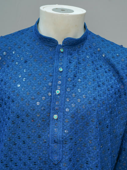 Men's Navy Blue Chikankari Embroidered Kurta