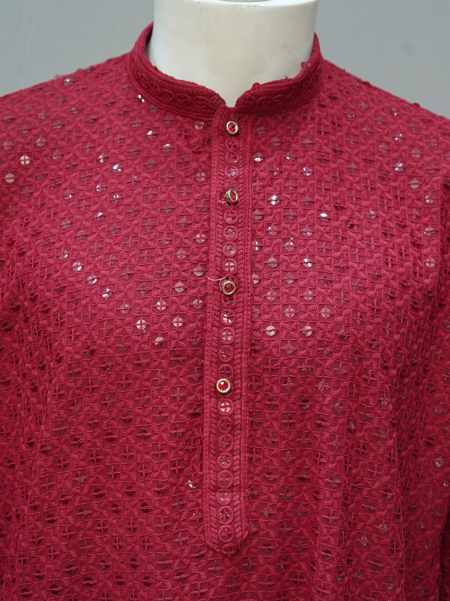 Men's Red Chikankari Embroidered Kurta - Festive Wear