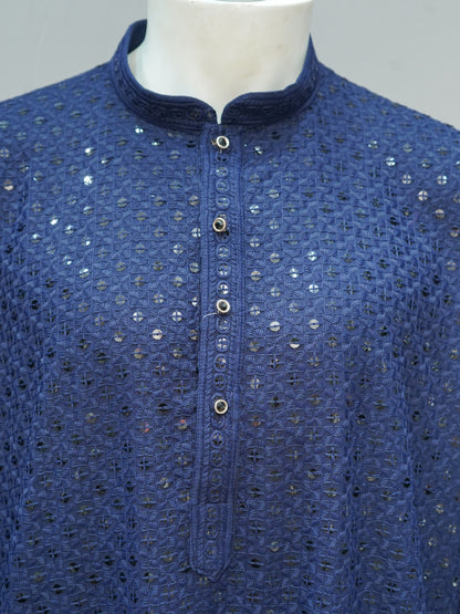 Men's Dark Blue Chikankari Embroidered Kurta