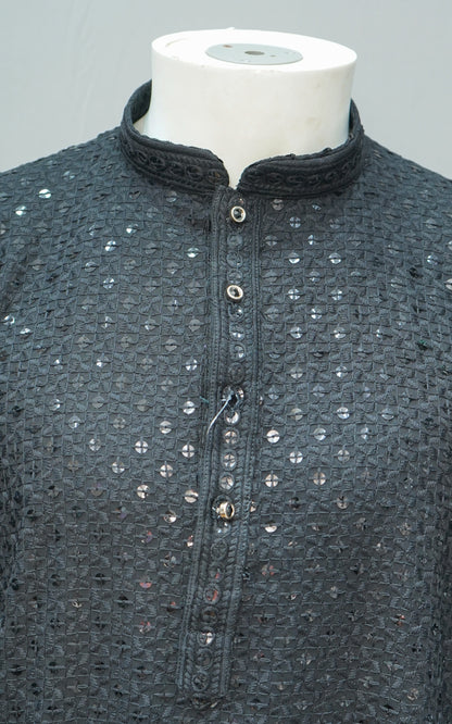 Men's Black Chikankari Embroidered Kurta - Festive Wear