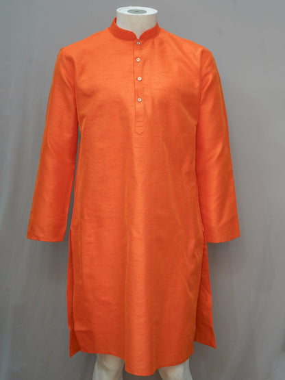 Men's Vibrant Orange Diamond Weave Cotton Kurta - Festive Wear