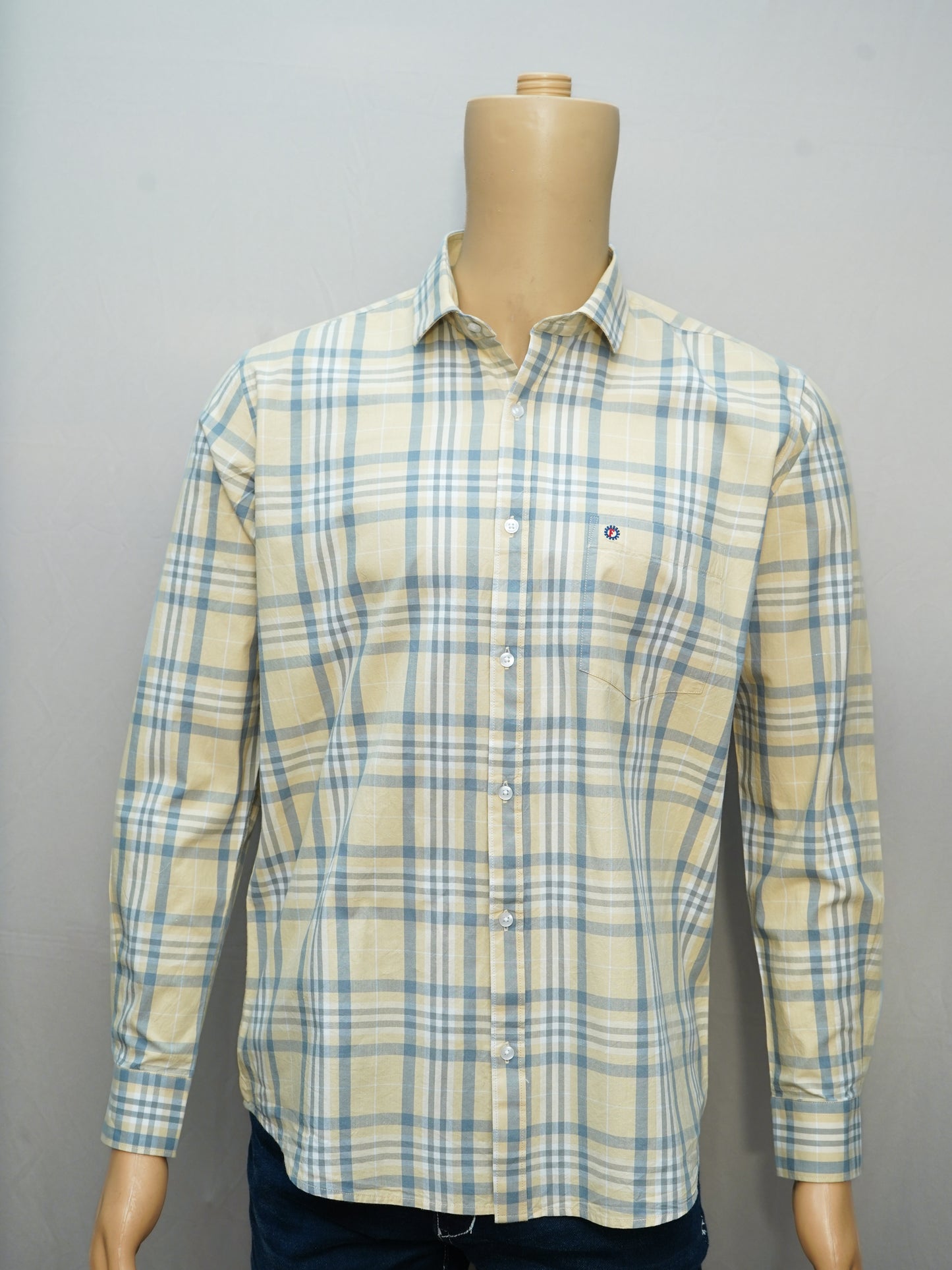 Front view of Men's Yellow and Blue Check Shirt showcasing a classic check pattern.