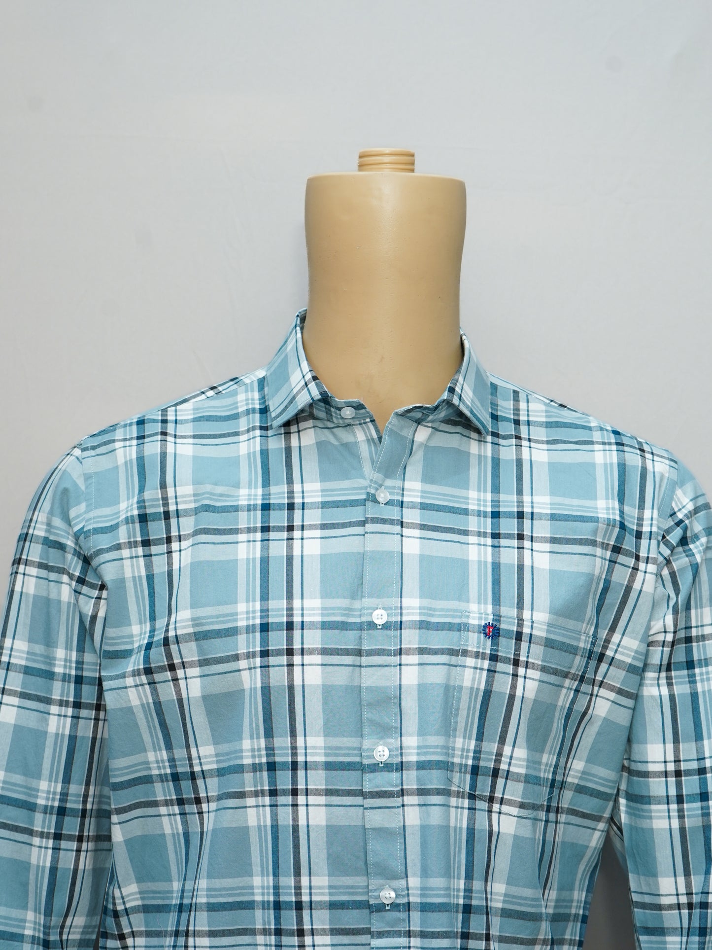 Close-Up of Aqua Blue Check Shirt for Men with Classic Pattern