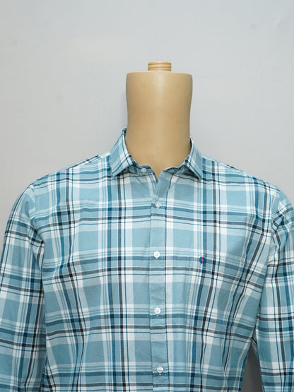 Close-Up of Aqua Blue Check Shirt for Men with Classic Pattern