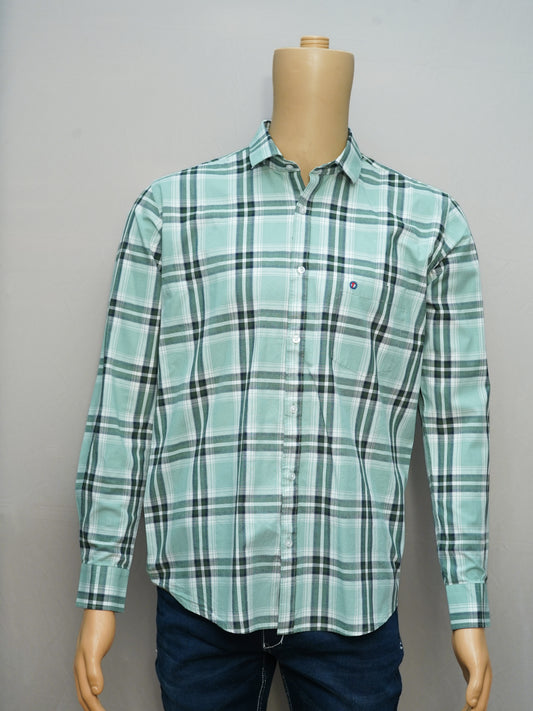 Front view of mint green checked shirt styled for men.