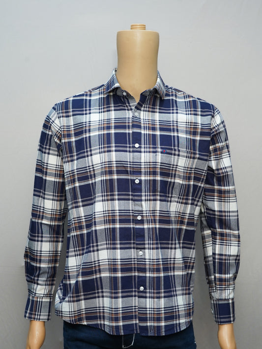 Full view of navy blue and white check shirt styled on a mannequin for casual and formal wear.