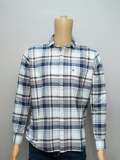 Full view of a classic blue and brown check shirt for men, styled on a mannequin, showcasing the full-length design.