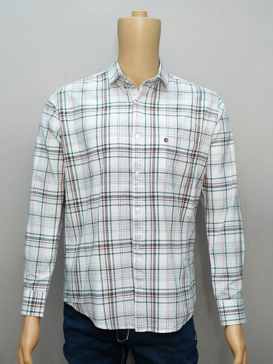 White check shirt with green and red accents, front view