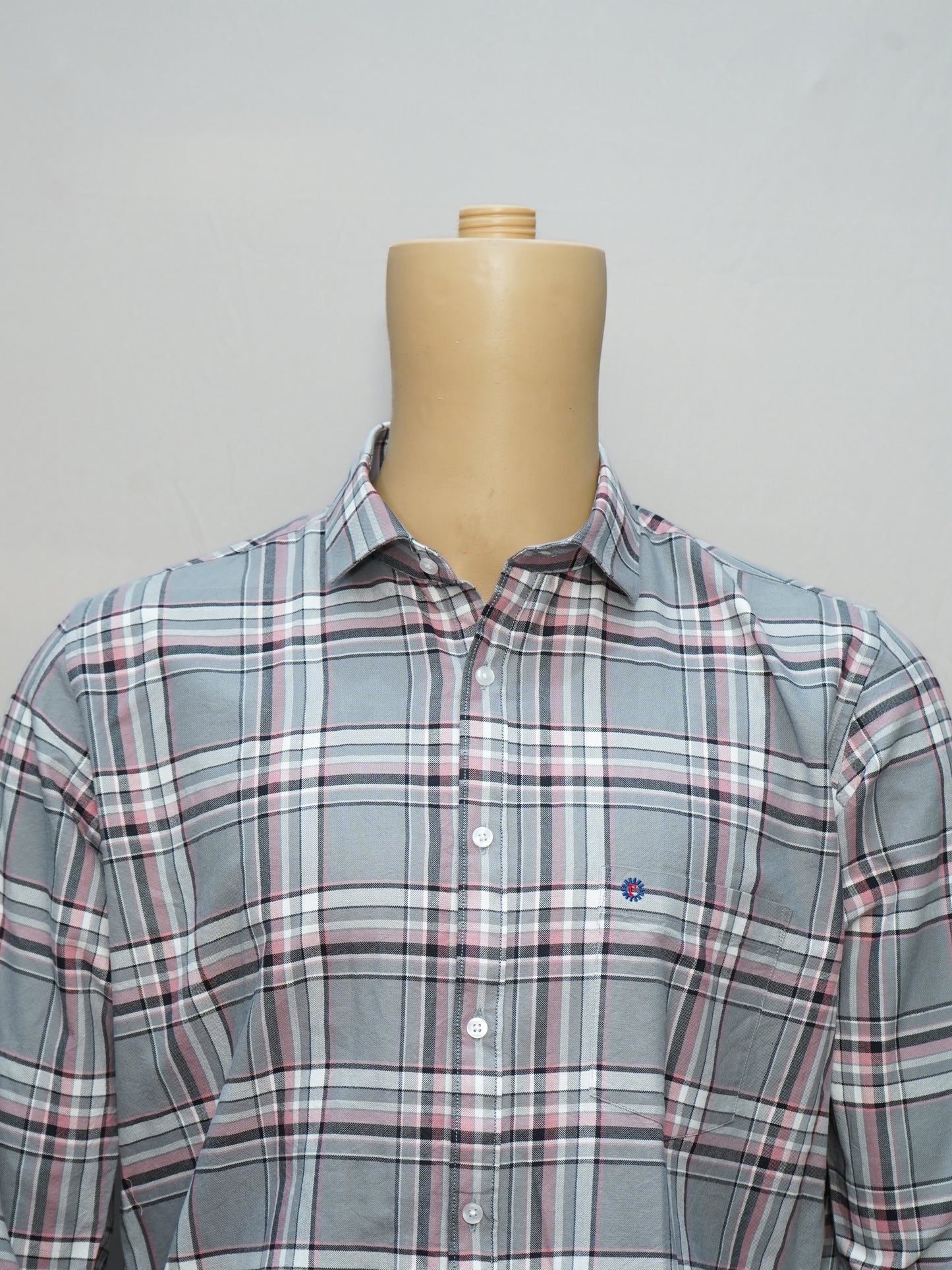 Close-up of Grey & Maroon Check Shirt with a stylish check pattern.