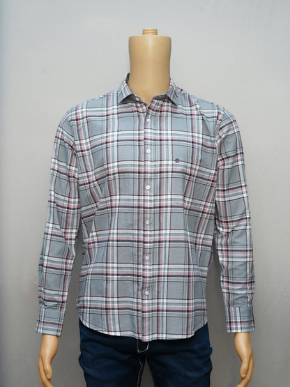 Front view of Grey & Maroon Check Shirt for men.