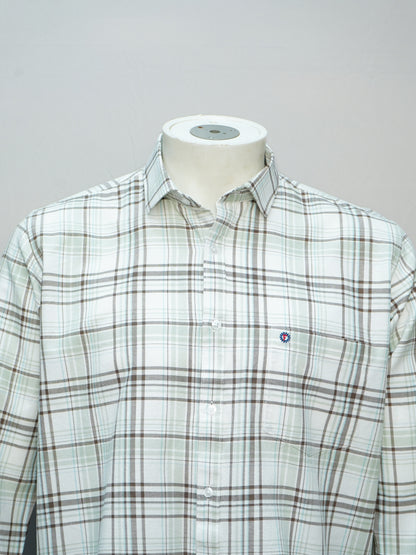 Front view of white and olive green check shirt for men.