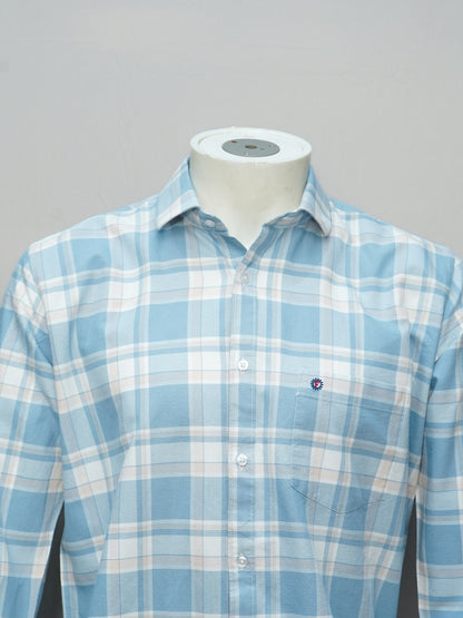 Close-up of the Sky Blue Check Shirt highlighting the fine details.