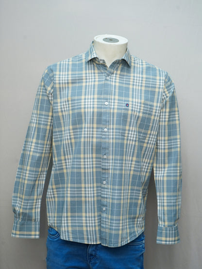 Greyish Blue Check Shirt displayed on a mannequin with a smart collar design.