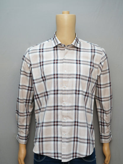 Full-length beige and maroon plaid shirt displayed on a mannequin.