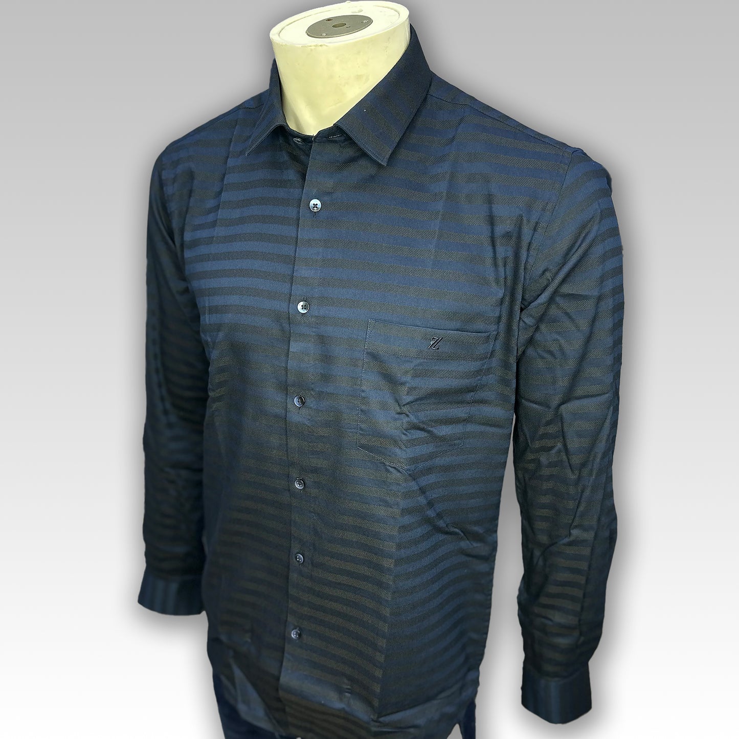 Navy Shirt with Gray Stripes - Elegant Formal Wear